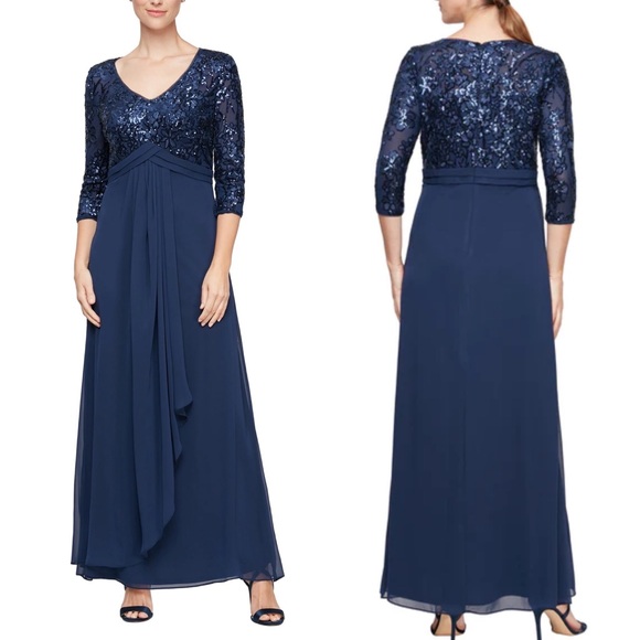Alex Evenings Dresses & Skirts - Alex Evening  Floral Sequin Mesh Empire Waist Drape Front V-Neck 3/4 Sleeve Gown